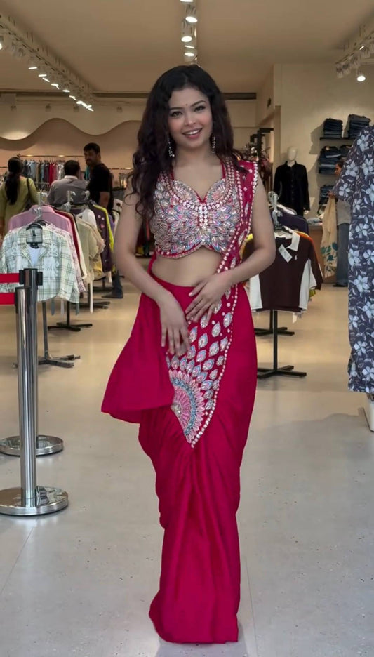 Ready-to-Wear Faux Georgette Saree with Embroidery & Semi-Beads Work