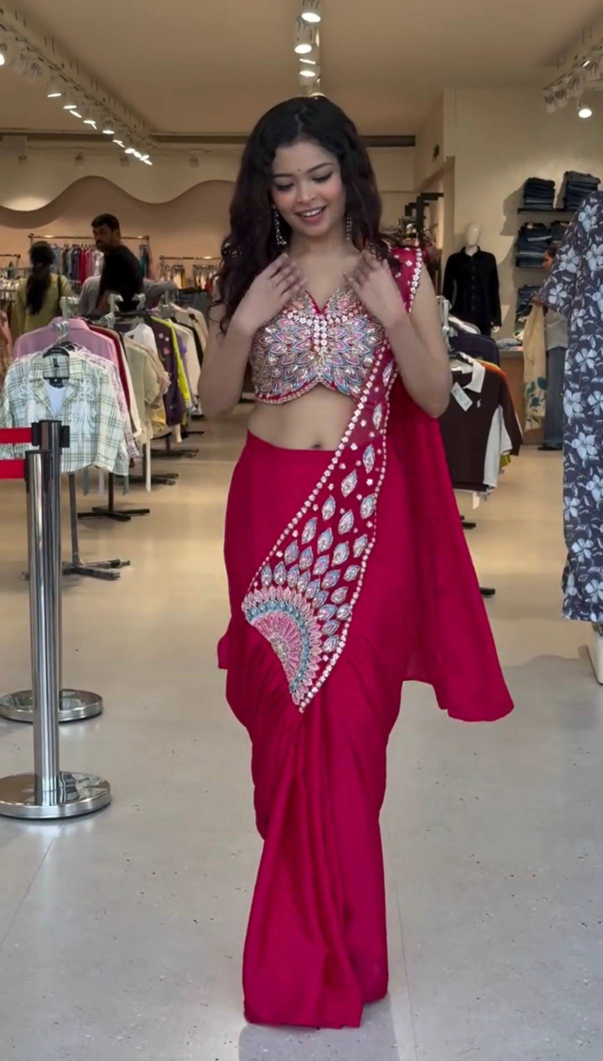 Ready-to-Wear Faux Georgette Saree with Embroidery & Semi-Beads Work
