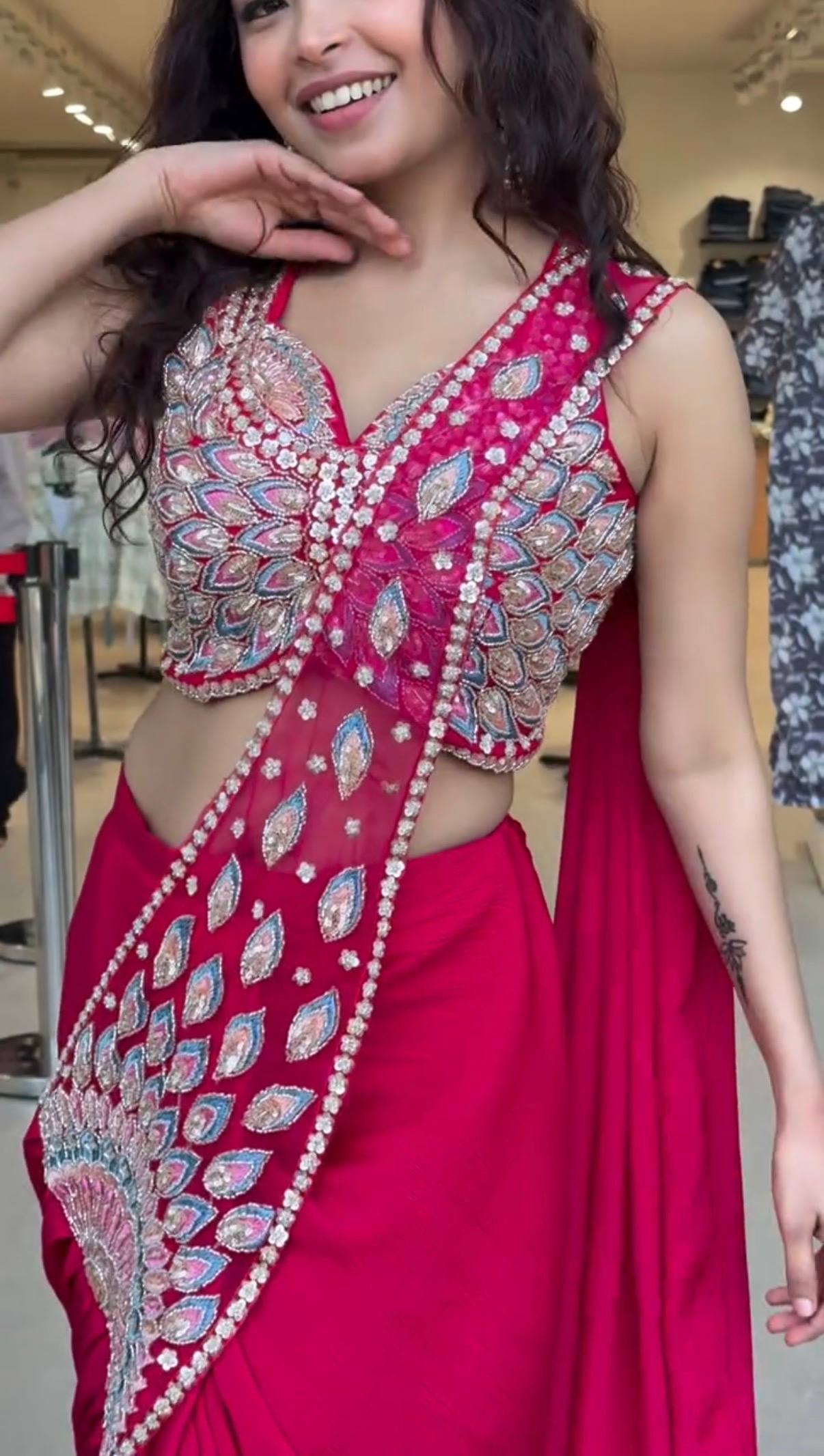 Ready-to-Wear Faux Georgette Saree with Embroidery & Semi-Beads Work
