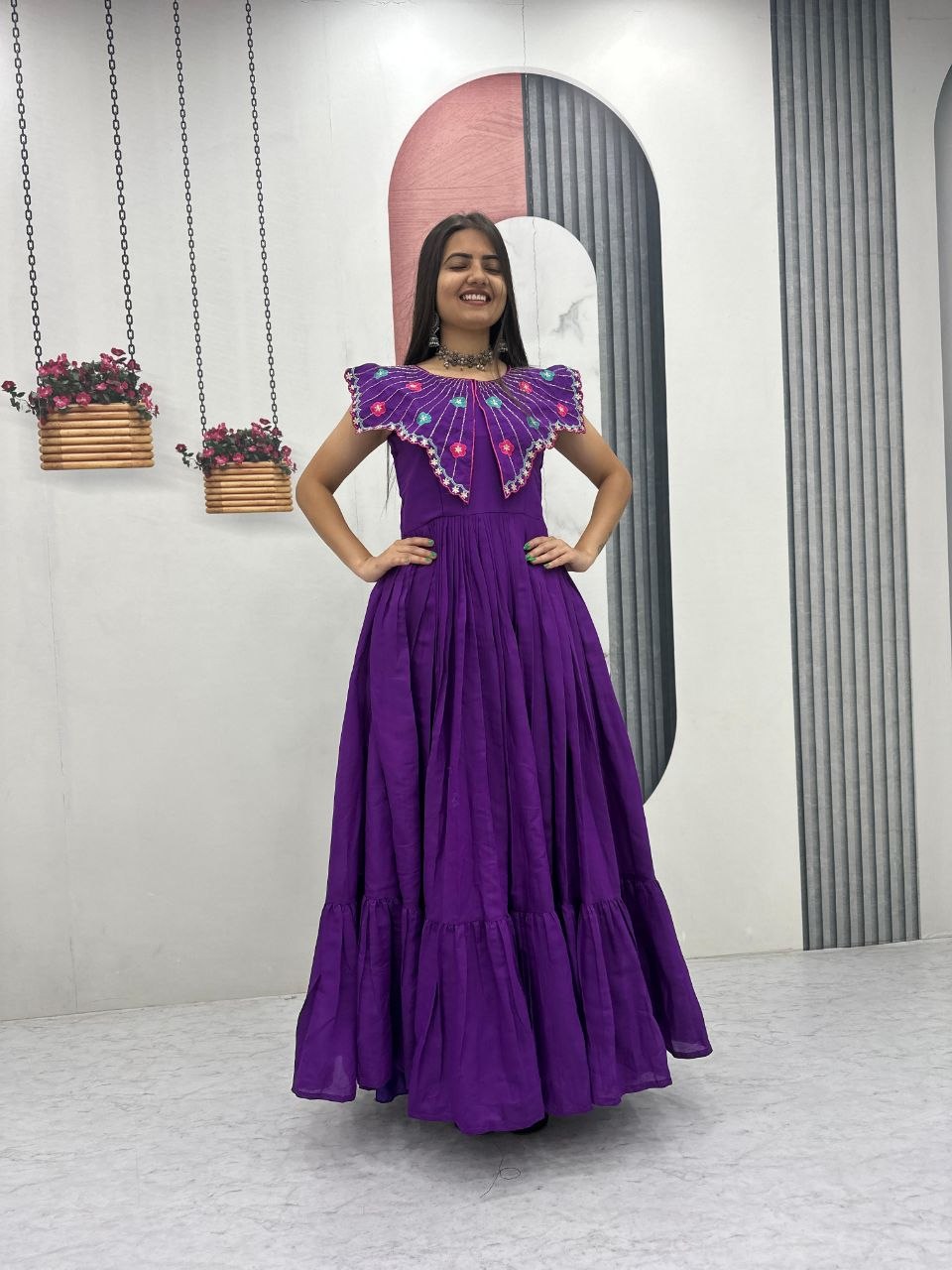 Premium Roman Fabric Anarkali Gown with Heavy Thread & Khatli Embroidery Work