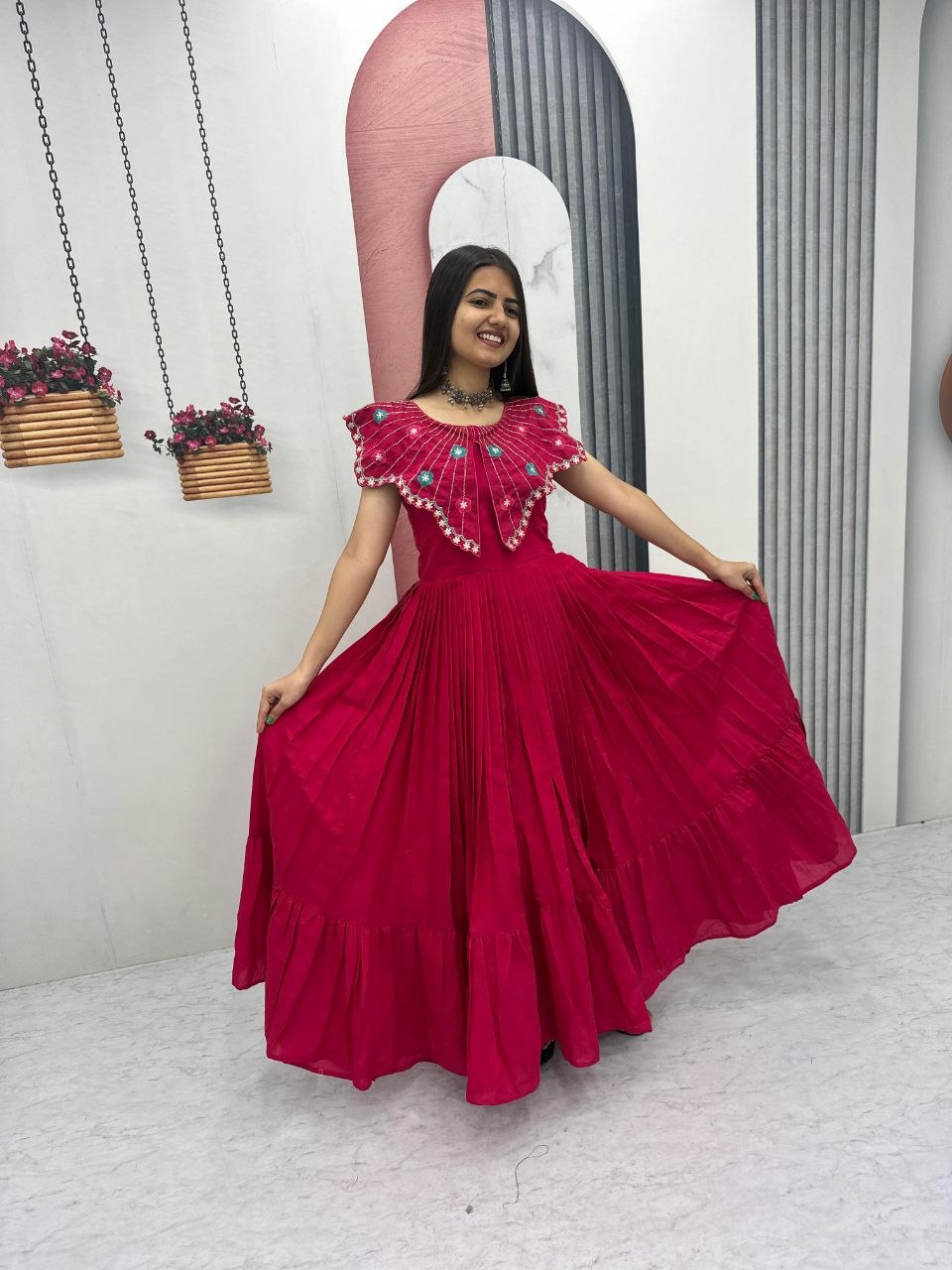 Premium Roman Fabric Anarkali Gown with Heavy Thread & Khatli Embroidery Work