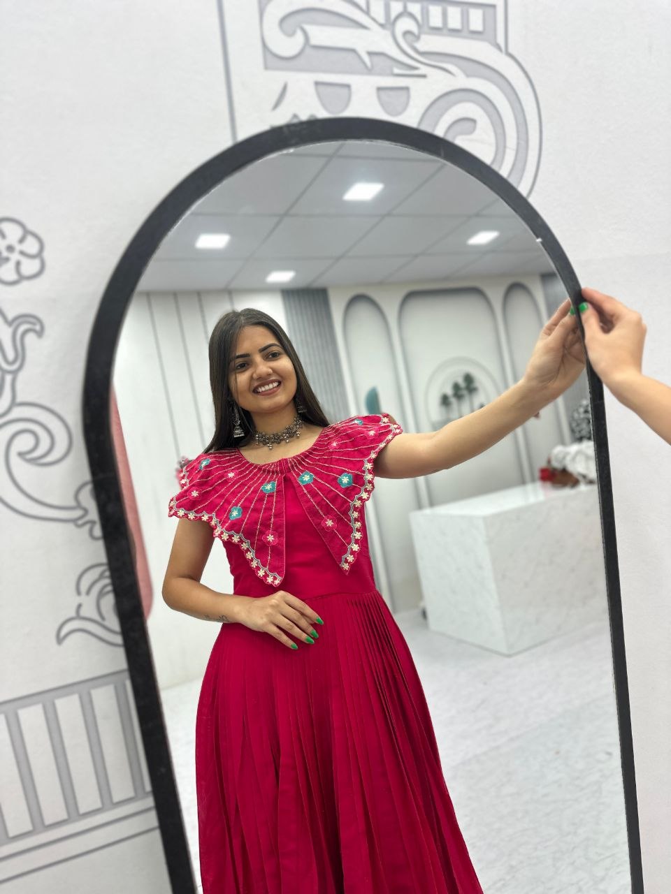 Premium Roman Fabric Anarkali Gown with Heavy Thread & Khatli Embroidery Work