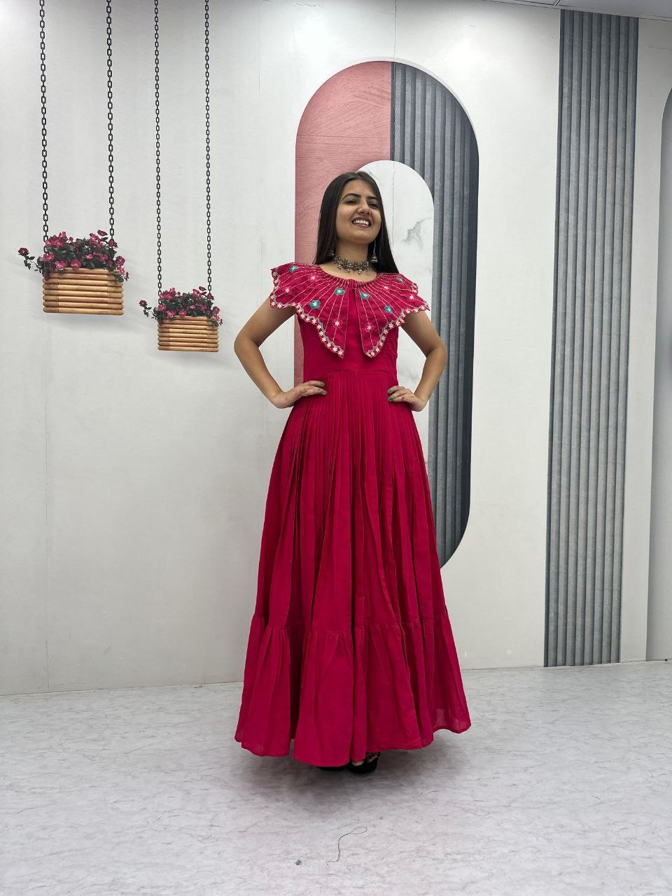 Premium Roman Fabric Anarkali Gown with Heavy Thread & Khatli Embroidery Work