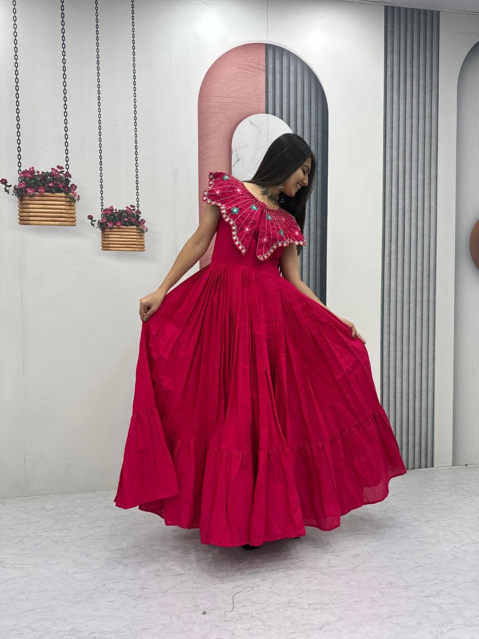 Premium Roman Fabric Anarkali Gown with Heavy Thread & Khatli Embroidery Work