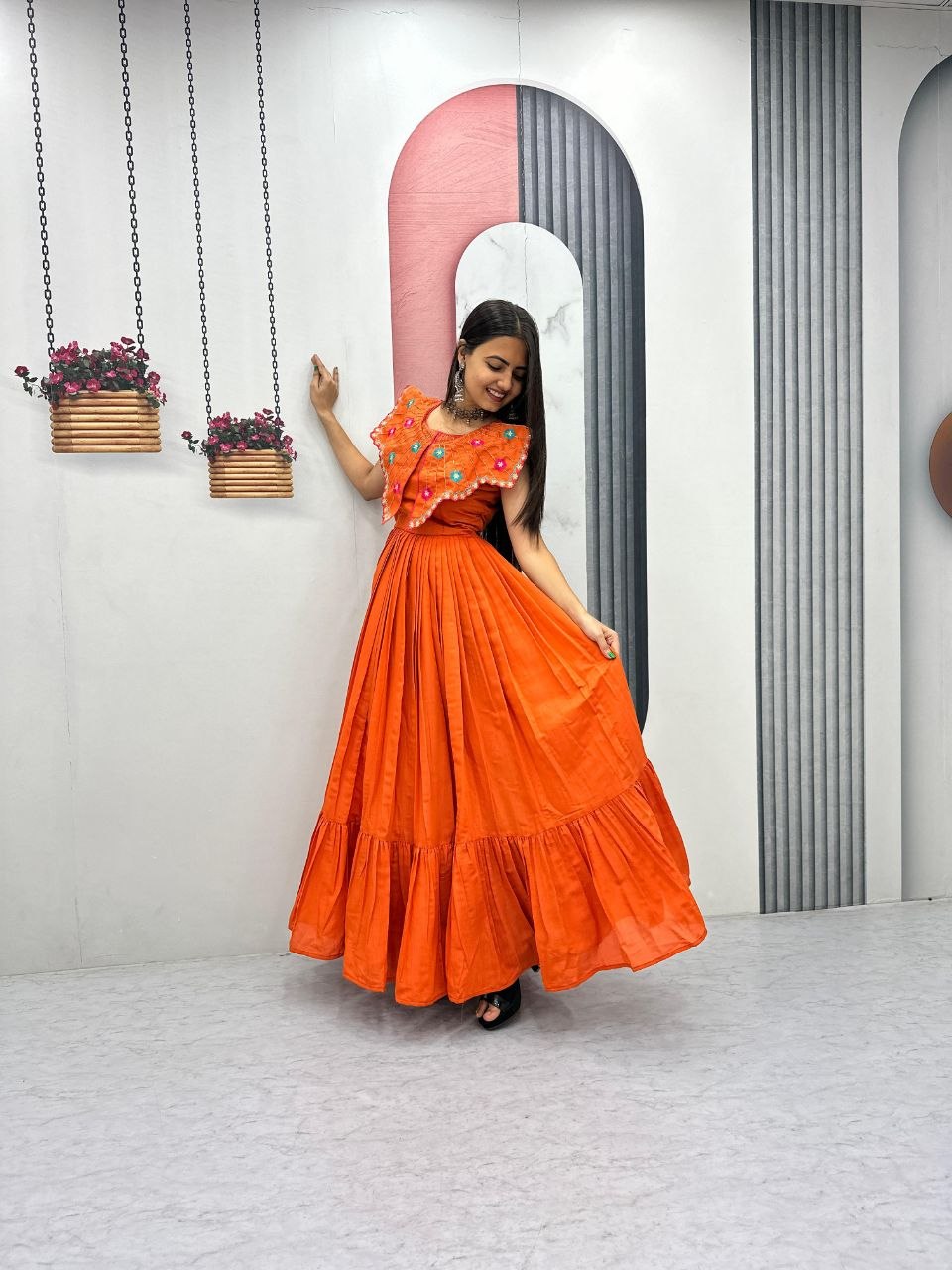 Premium Roman Fabric Anarkali Gown with Heavy Thread & Khatli Embroidery Work