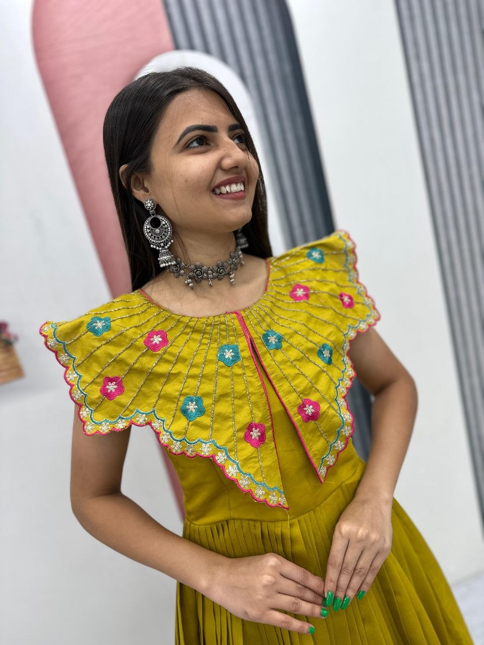 Premium Roman Fabric Anarkali Gown with Heavy Thread & Khatli Embroidery Work