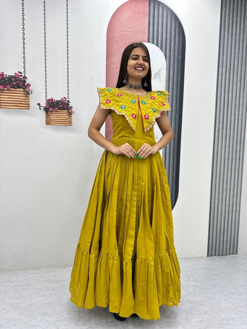 Premium Roman Fabric Anarkali Gown with Heavy Thread & Khatli Embroidery Work