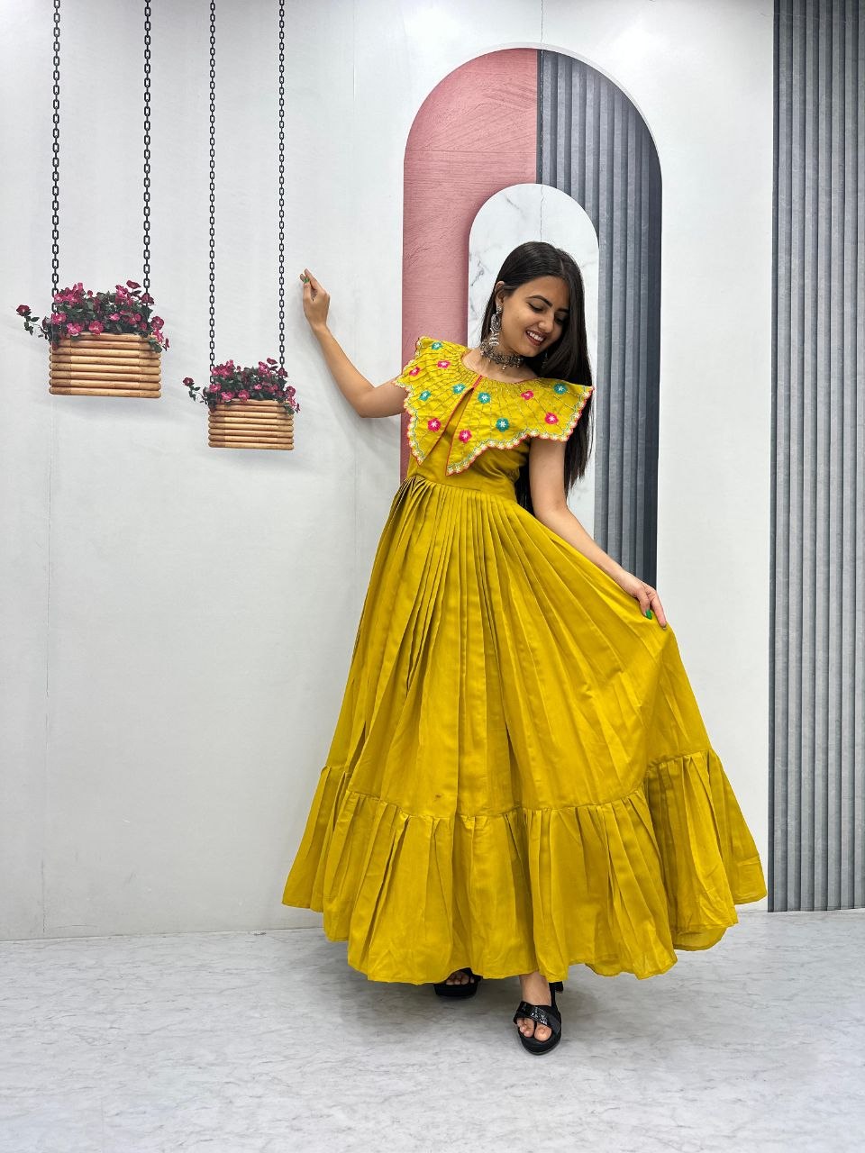 Premium Roman Fabric Anarkali Gown with Heavy Thread & Khatli Embroidery Work