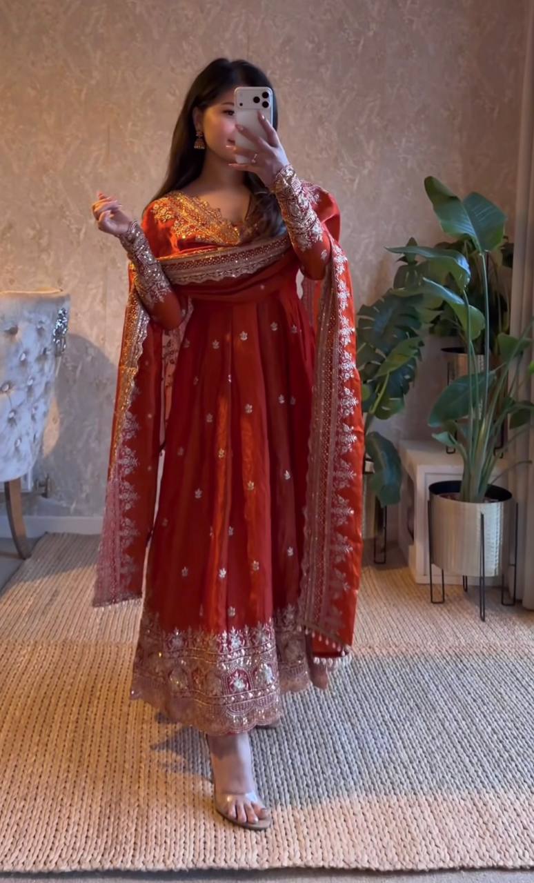 Elegant Heavy Fandy Silk Embroidered Sequins Gown Set with Dupatta & Pant – Party Wear Designer Outfit