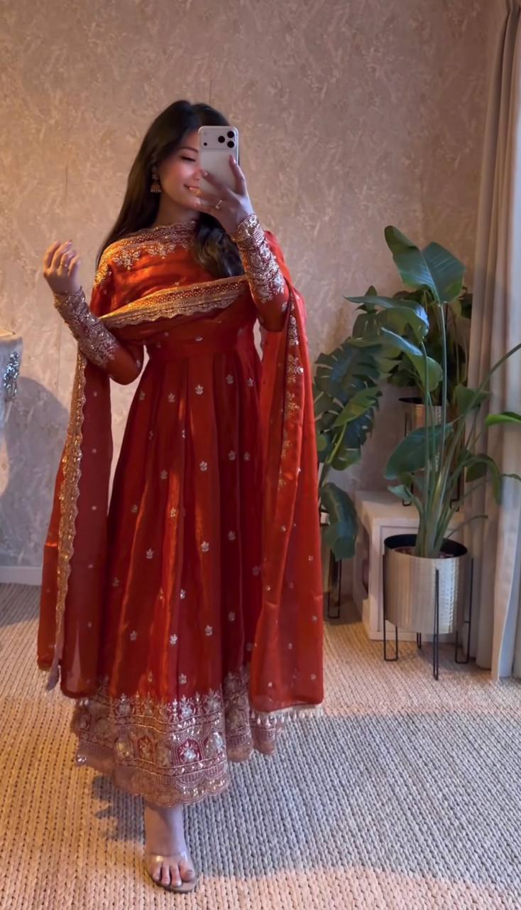 Elegant Heavy Fandy Silk Embroidered Sequins Gown Set with Dupatta & Pant – Party Wear Designer Outfit