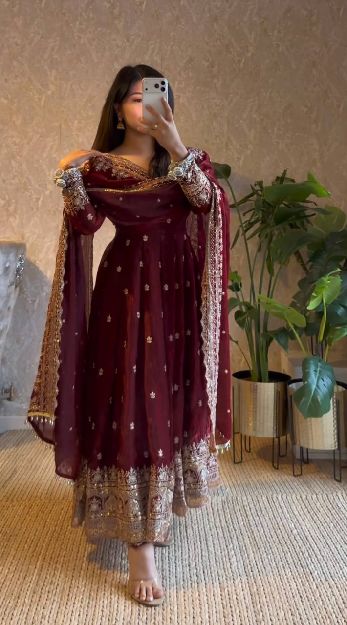 Elegant Heavy Fandy Silk Embroidered Sequins Gown Set with Dupatta & Pant – Party Wear Designer Outfit