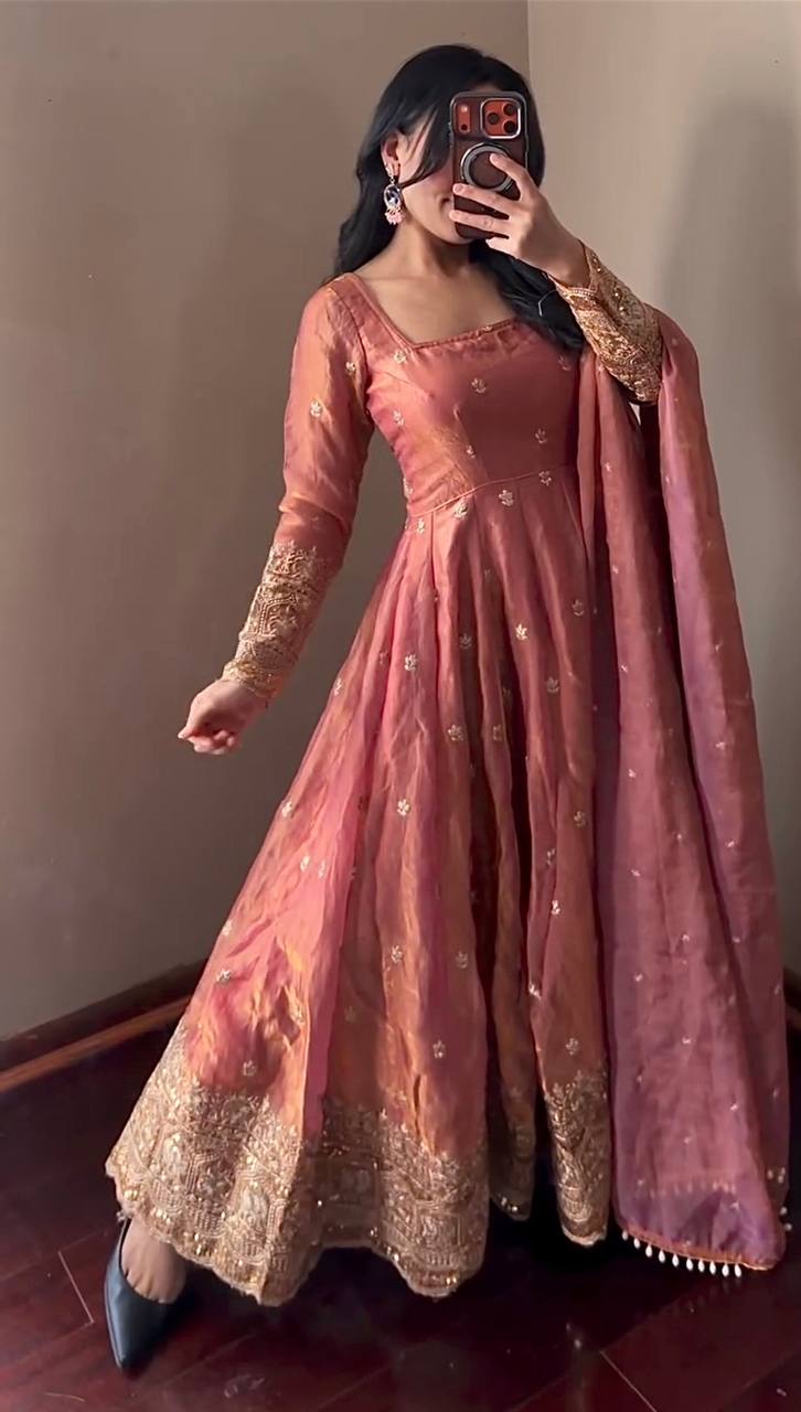 Elegant Heavy Fandy Silk Embroidered Sequins Gown Set with Dupatta & Pant – Party Wear Designer Outfit