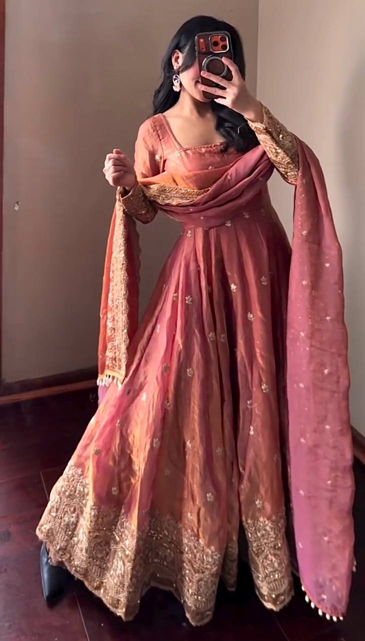 Elegant Heavy Fandy Silk Embroidered Sequins Gown Set with Dupatta & Pant – Party Wear Designer Outfit