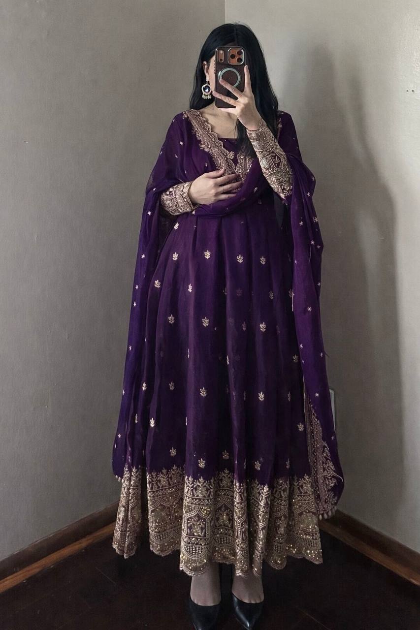 Elegant Heavy Fandy Silk Embroidered Sequins Gown Set with Dupatta & Pant – Party Wear Designer Outfit