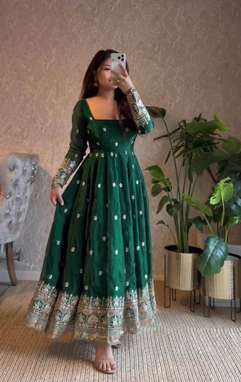 Elegant Heavy Fandy Silk Embroidered Sequins Gown Set with Dupatta & Pant – Party Wear Designer Outfit