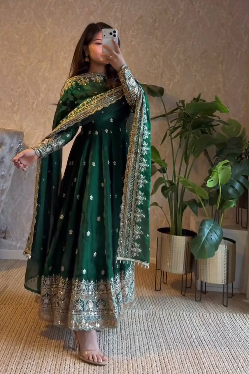 Elegant Heavy Fandy Silk Embroidered Sequins Gown Set with Dupatta & Pant – Party Wear Designer Outfit