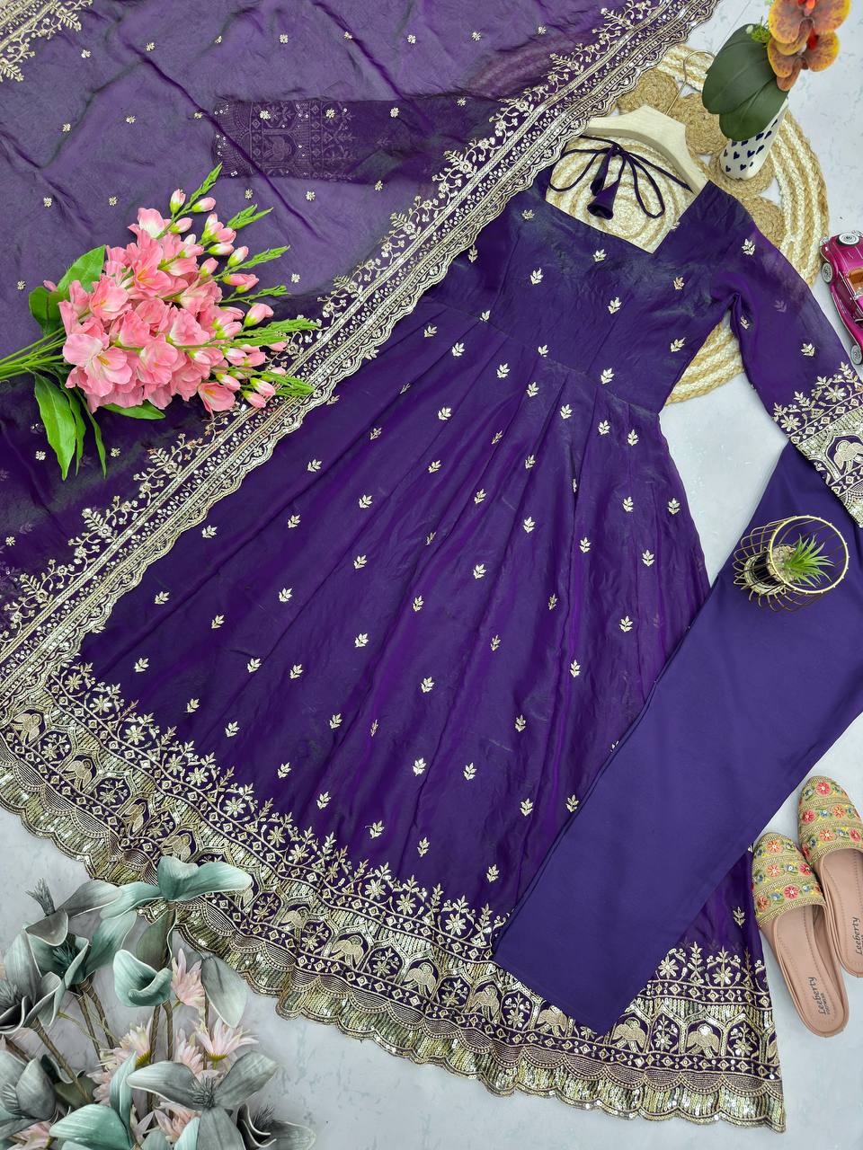 Elegant Heavy Fandy Silk Embroidered Sequins Gown Set with Dupatta & Pant – Party Wear Designer Outfit