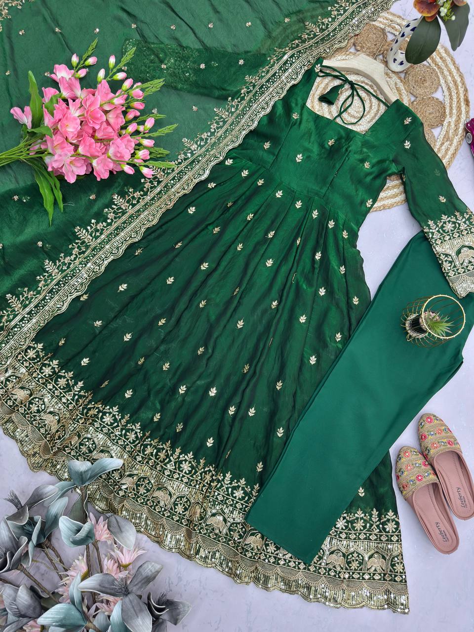 Elegant Heavy Fandy Silk Embroidered Sequins Gown Set with Dupatta & Pant – Party Wear Designer Outfit