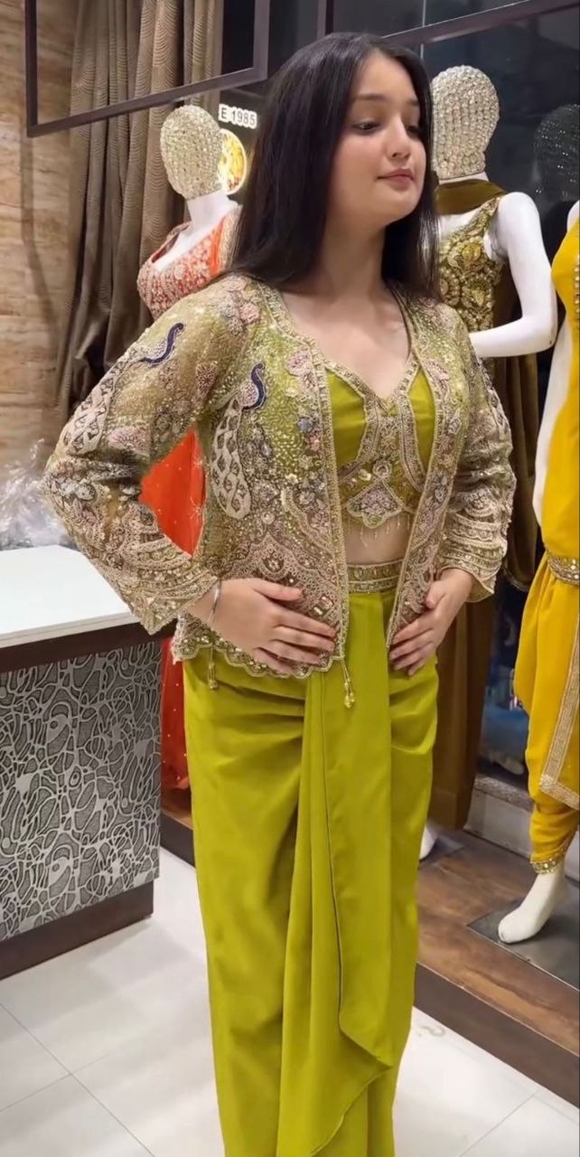 Designer Crepe Satin Lehenga Choli with Embroidered Net Koti Set