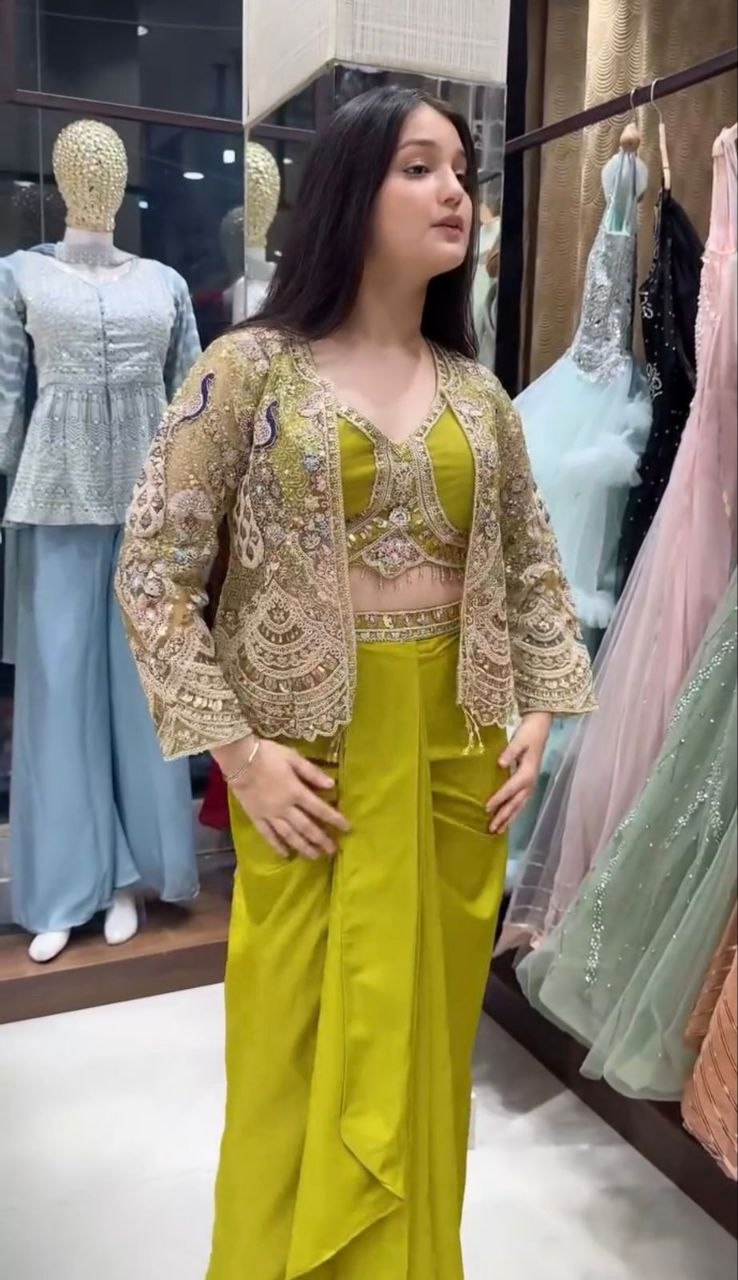 Designer Crepe Satin Lehenga Choli with Embroidered Net Koti Set
