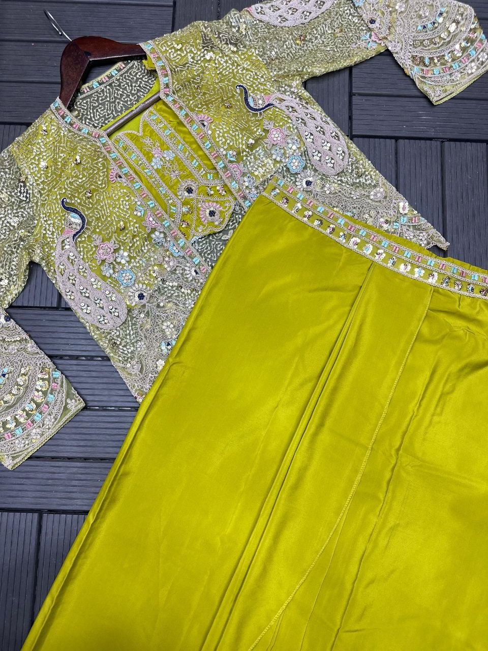 Designer Crepe Satin Lehenga Choli with Embroidered Net Koti Set