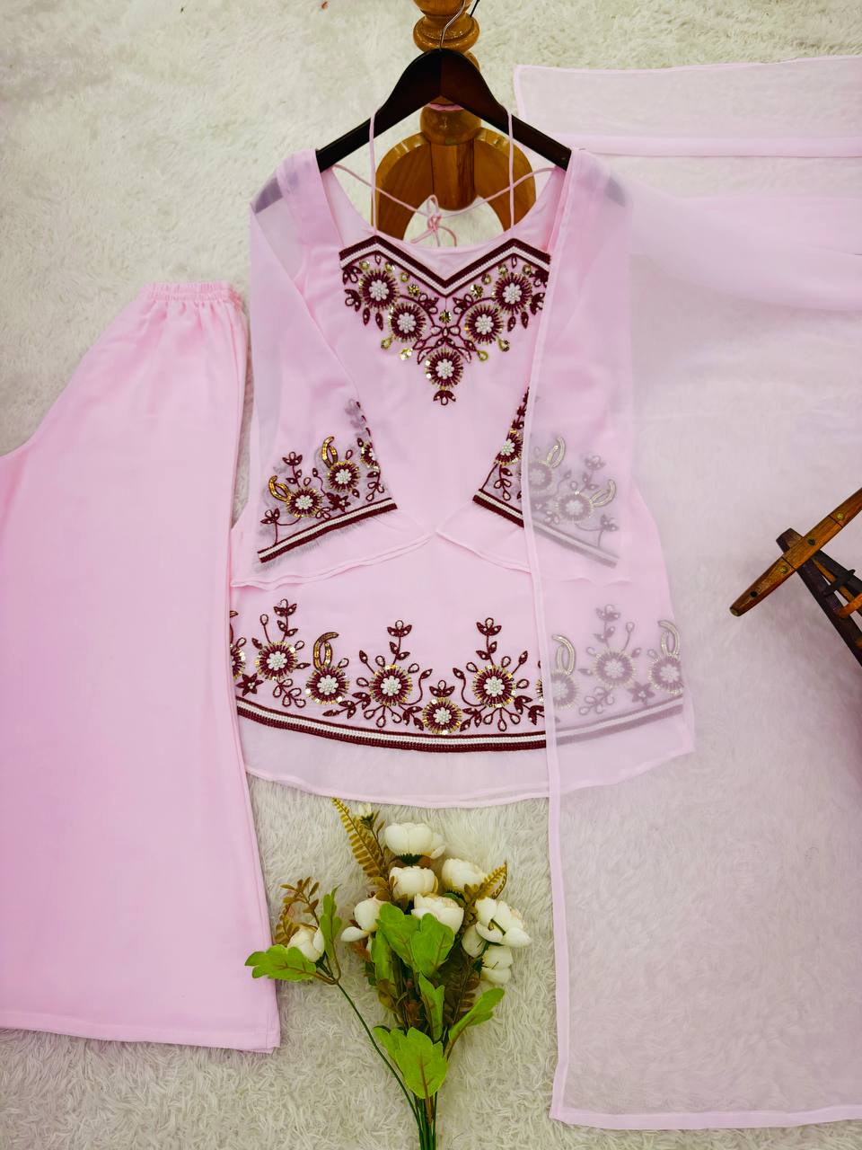 Designer Faux Georgette Kurti Plazzo Set with Embroidery Sequence Work & Dupatta