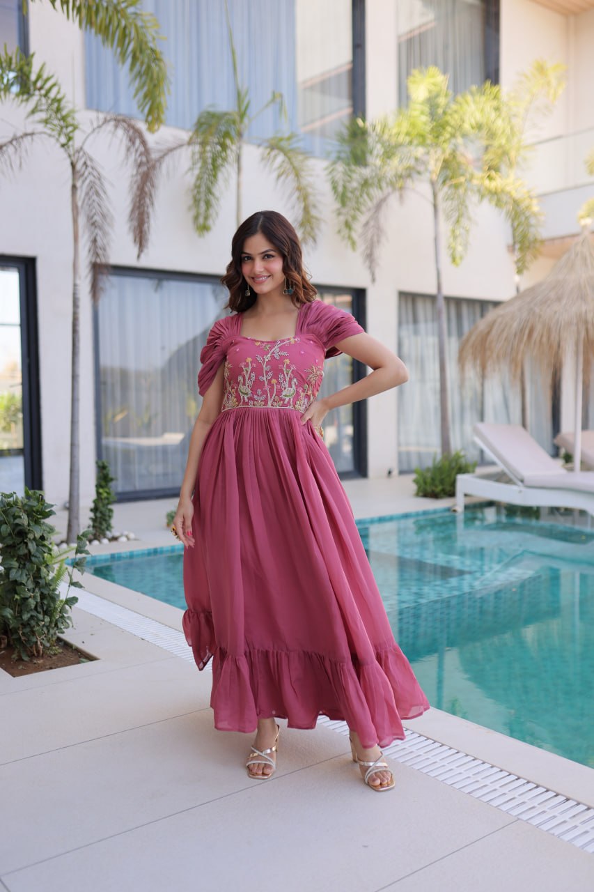Elegant Mal Chanderi Anarkali Gown with Beads Embroidery & 7 Meter Flair