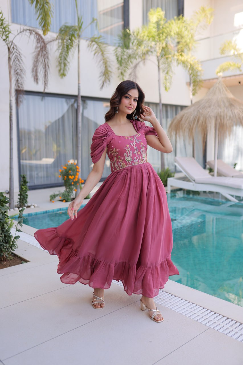 Elegant Mal Chanderi Anarkali Gown with Beads Embroidery & 7 Meter Flair