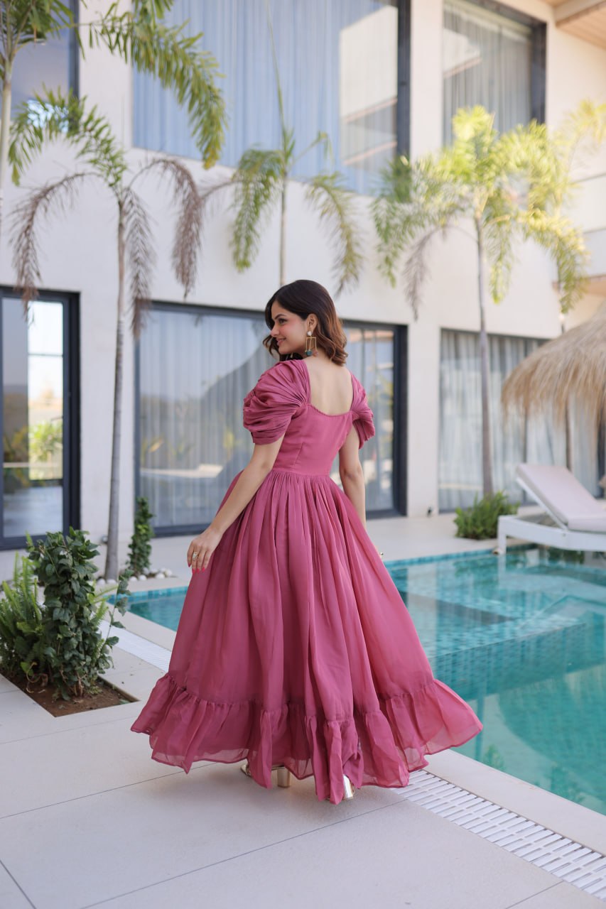 Elegant Mal Chanderi Anarkali Gown with Beads Embroidery & 7 Meter Flair