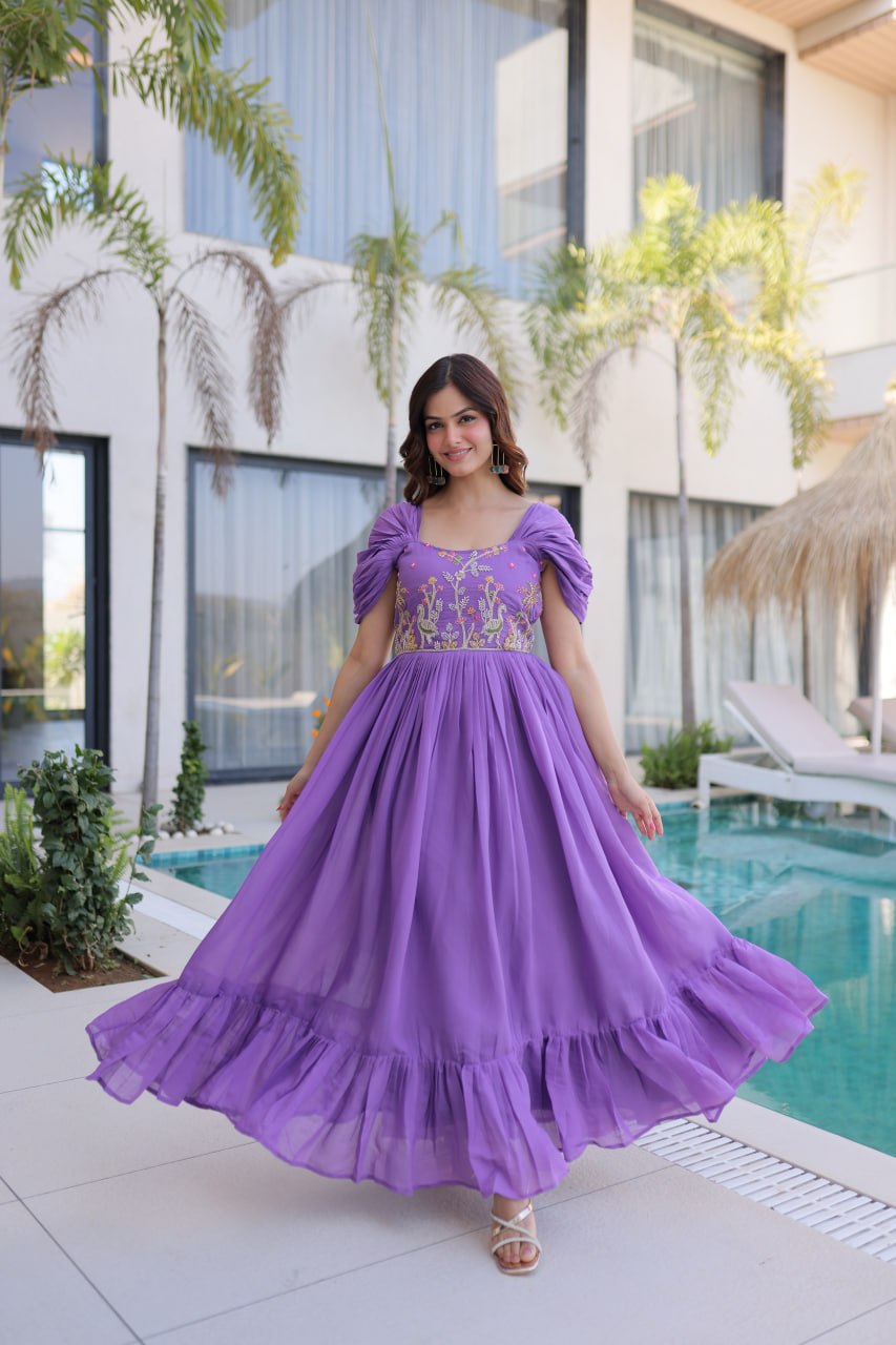 Elegant Mal Chanderi Anarkali Gown with Beads Embroidery & 7 Meter Flair