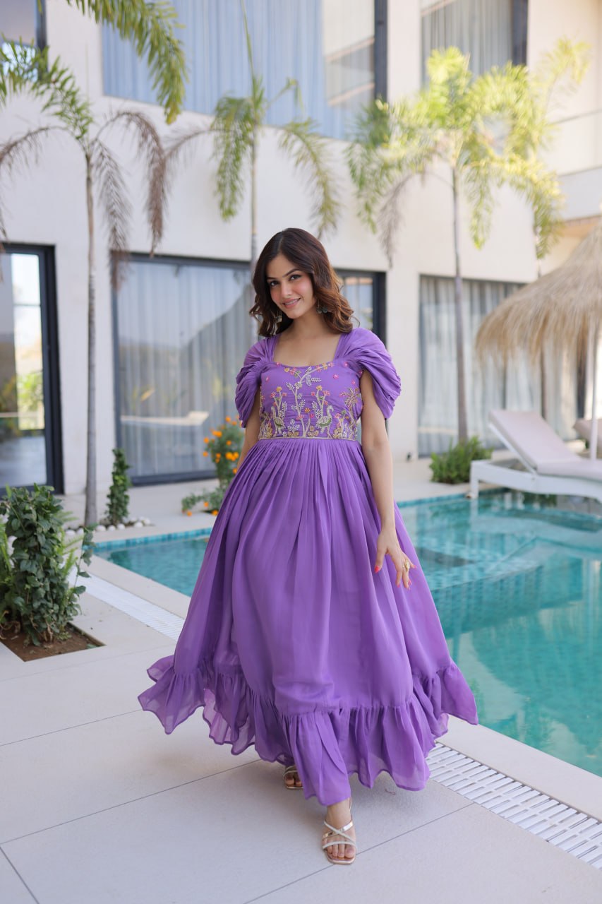 Elegant Mal Chanderi Anarkali Gown with Beads Embroidery & 7 Meter Flair