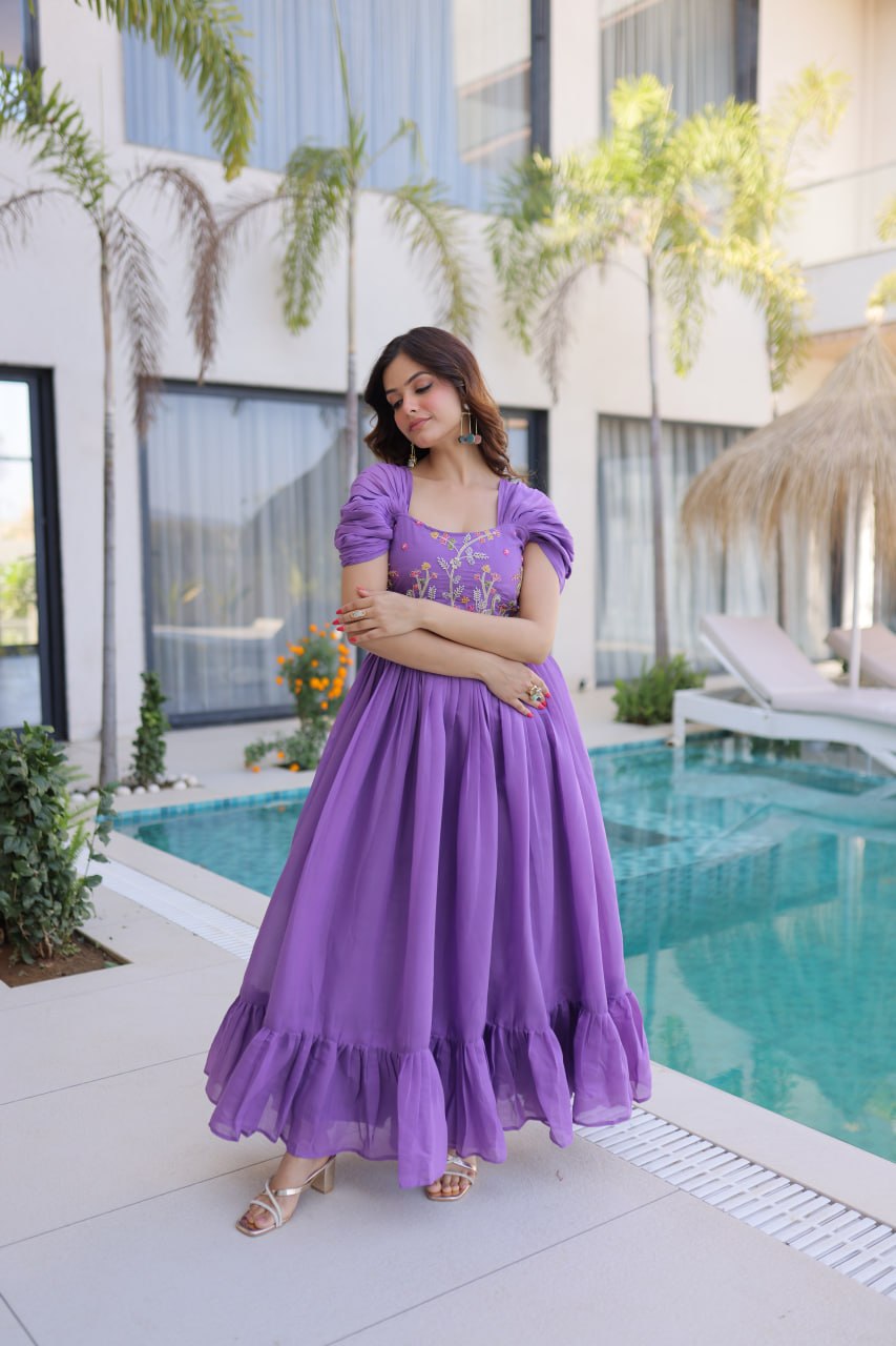 Elegant Mal Chanderi Anarkali Gown with Beads Embroidery & 7 Meter Flair