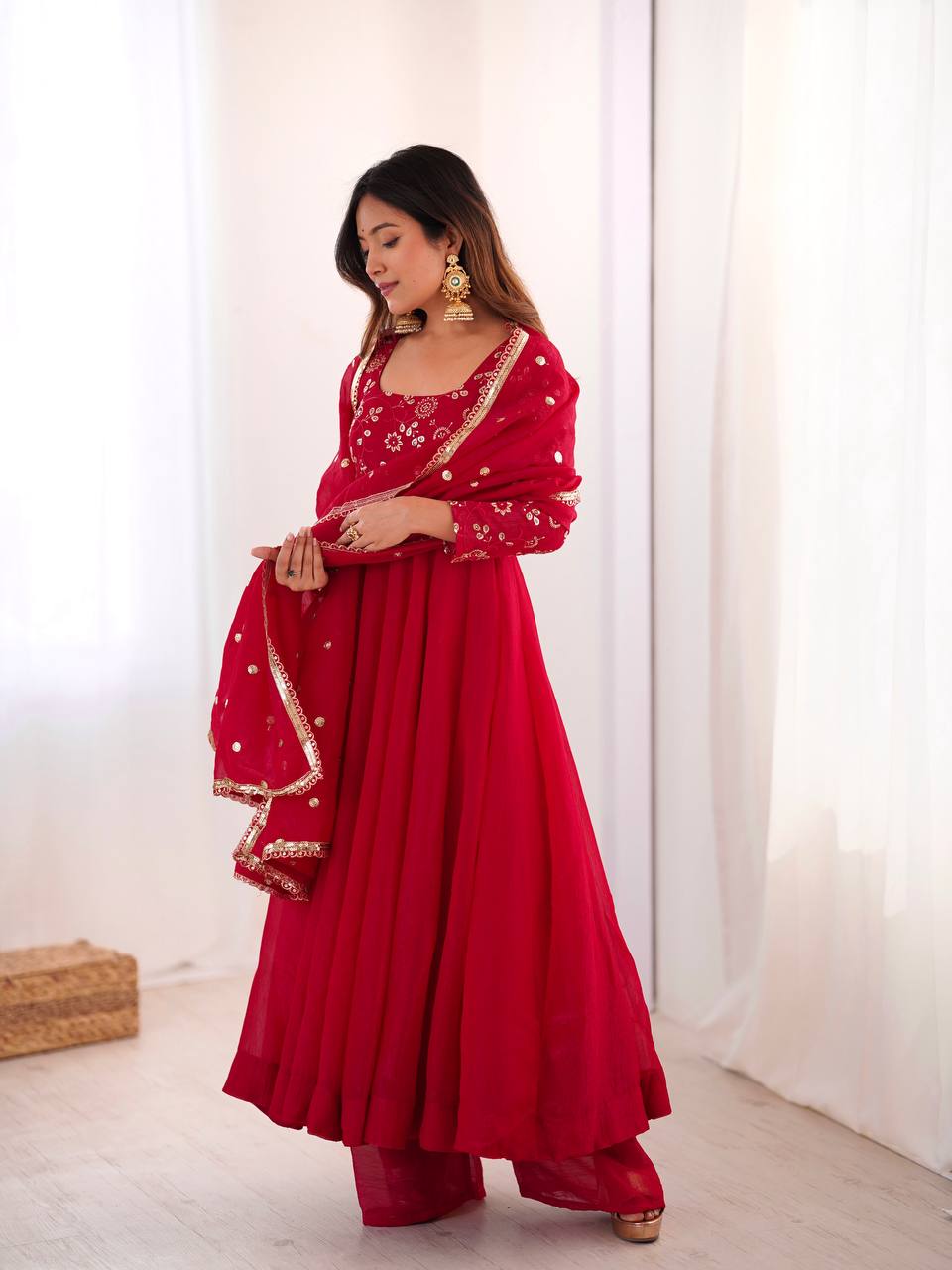Elegant Designer Crunchy Silk Embroidered Anarkali Gown Set with Dupatta