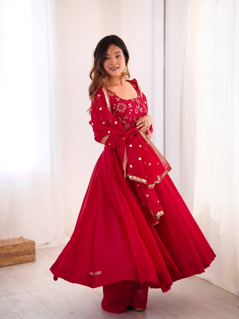 Elegant Designer Crunchy Silk Embroidered Anarkali Gown Set with Dupatta