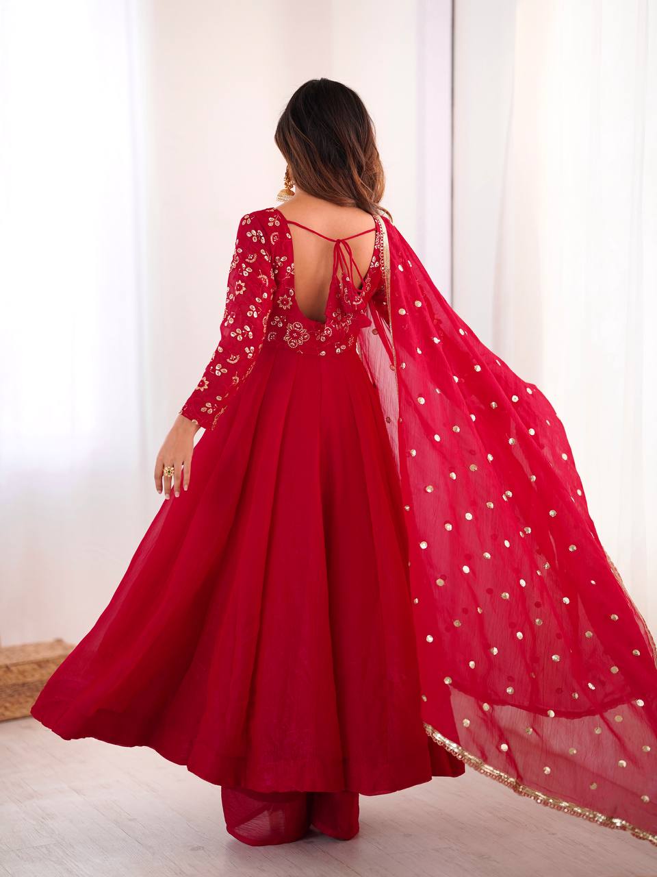 Elegant Designer Crunchy Silk Embroidered Anarkali Gown Set with Dupatta