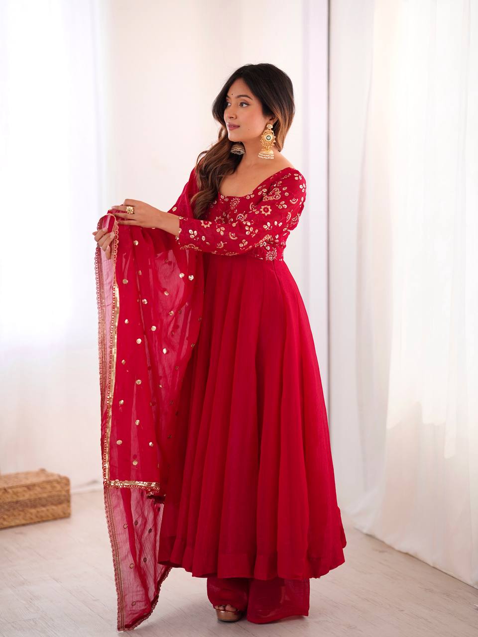 Elegant Designer Crunchy Silk Embroidered Anarkali Gown Set with Dupatta