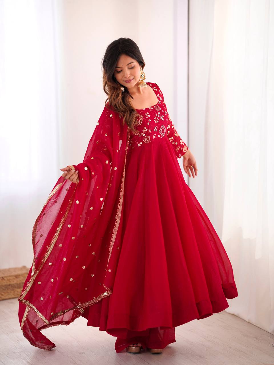 Elegant Designer Crunchy Silk Embroidered Anarkali Gown Set with Dupatta