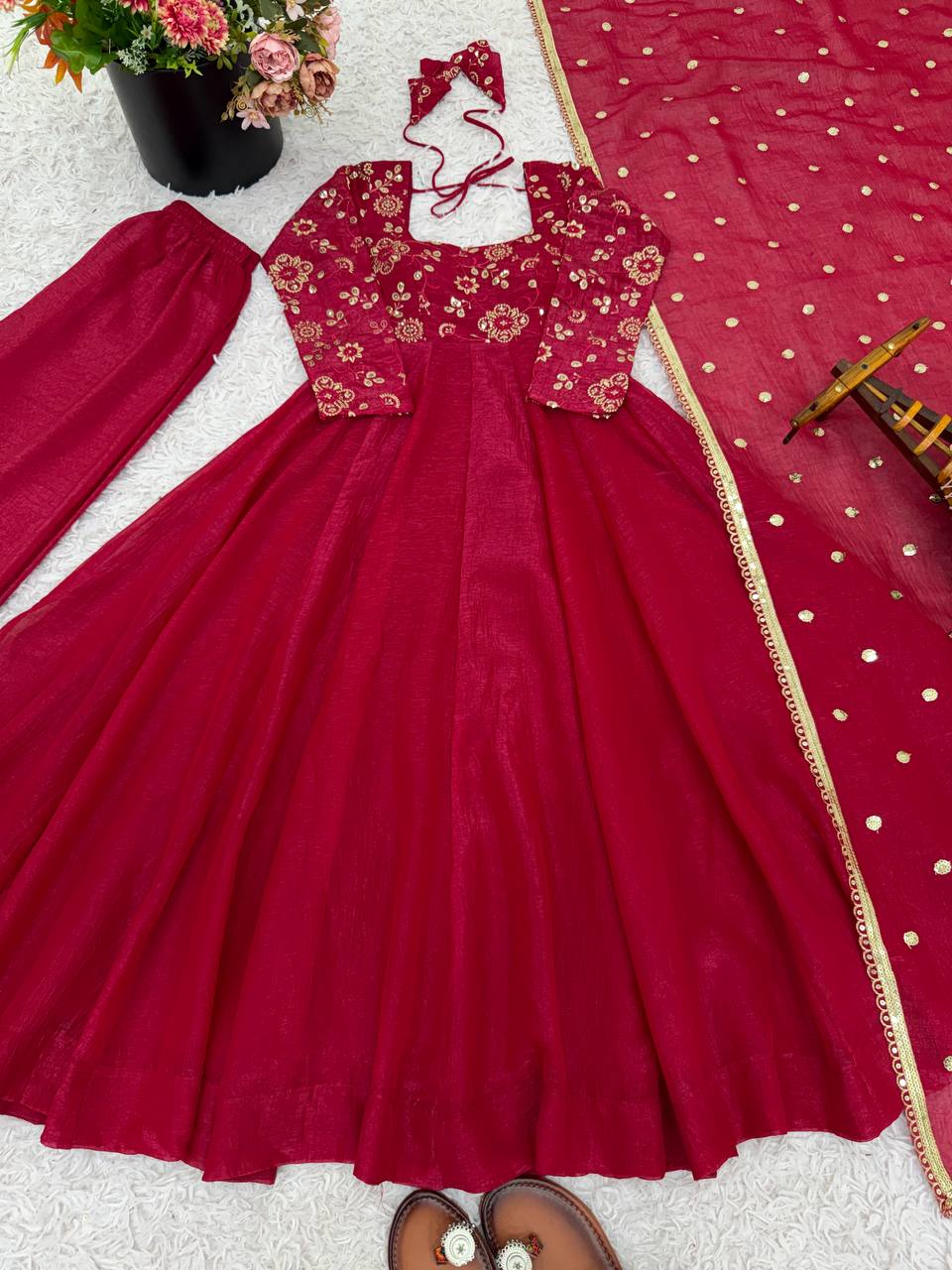 Elegant Designer Crunchy Silk Embroidered Anarkali Gown Set with Dupatta