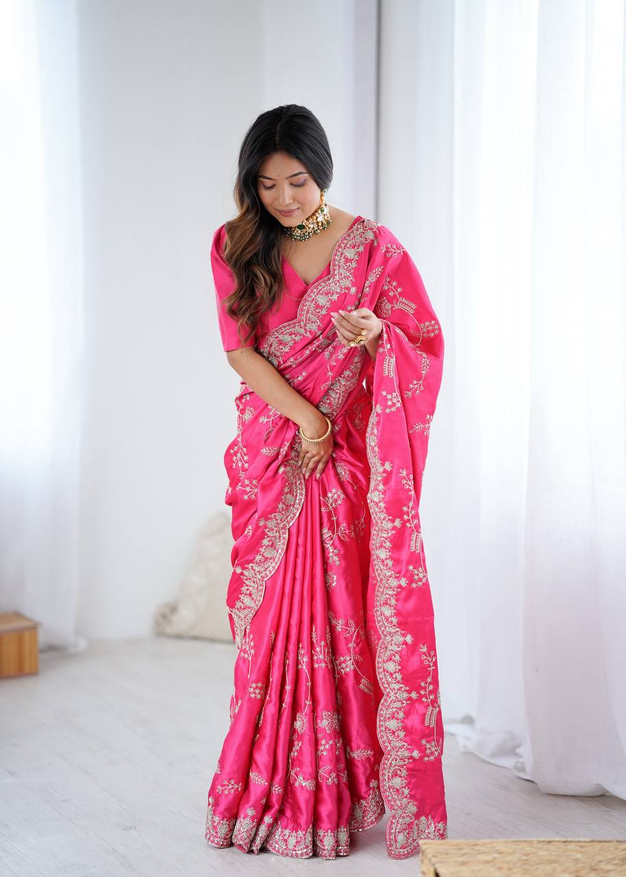 Elegant Pink Japan Satin Silk Saree with Sequins Embroidery Work