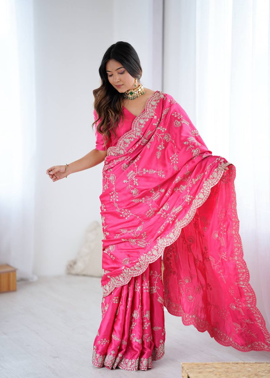 Elegant Pink Japan Satin Silk Saree with Sequins Embroidery Work