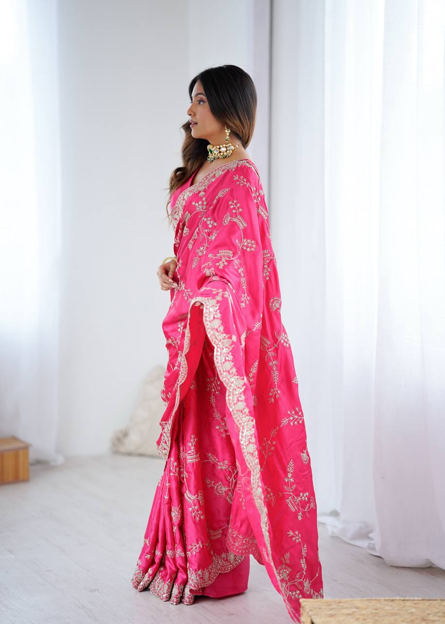 Elegant Pink Japan Satin Silk Saree with Sequins Embroidery Work