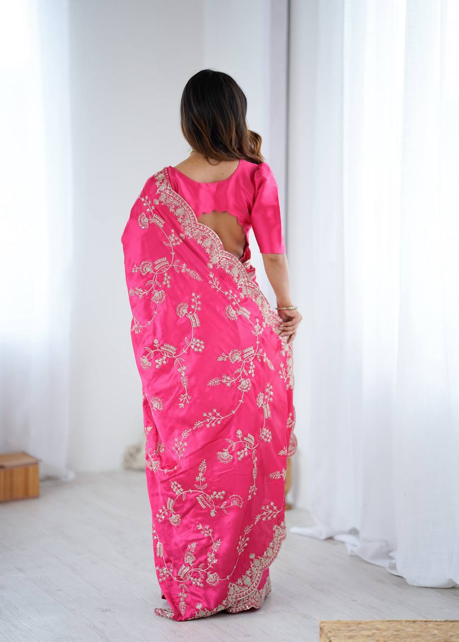 Elegant Pink Japan Satin Silk Saree with Sequins Embroidery Work
