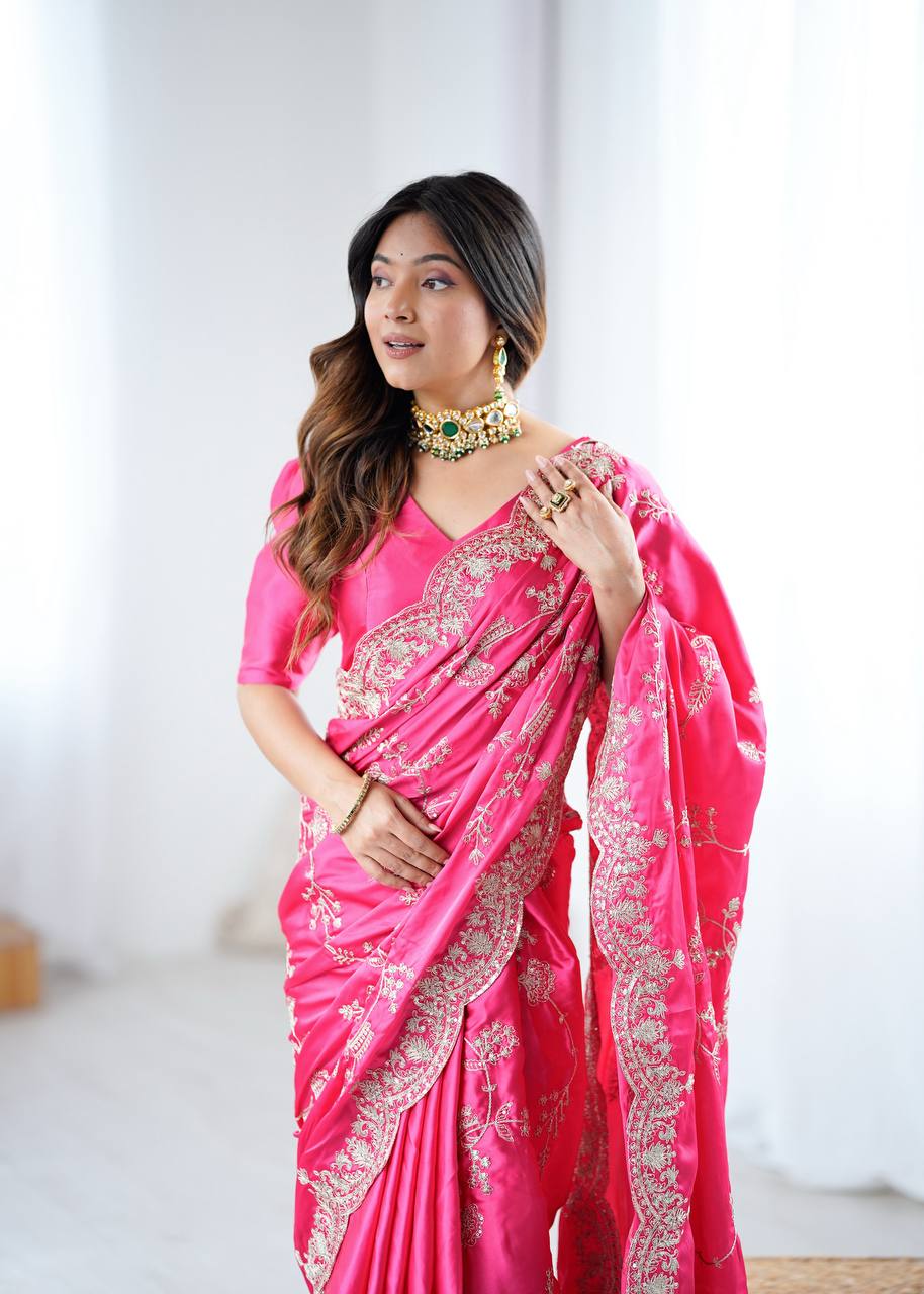 Elegant Pink Japan Satin Silk Saree with Sequins Embroidery Work