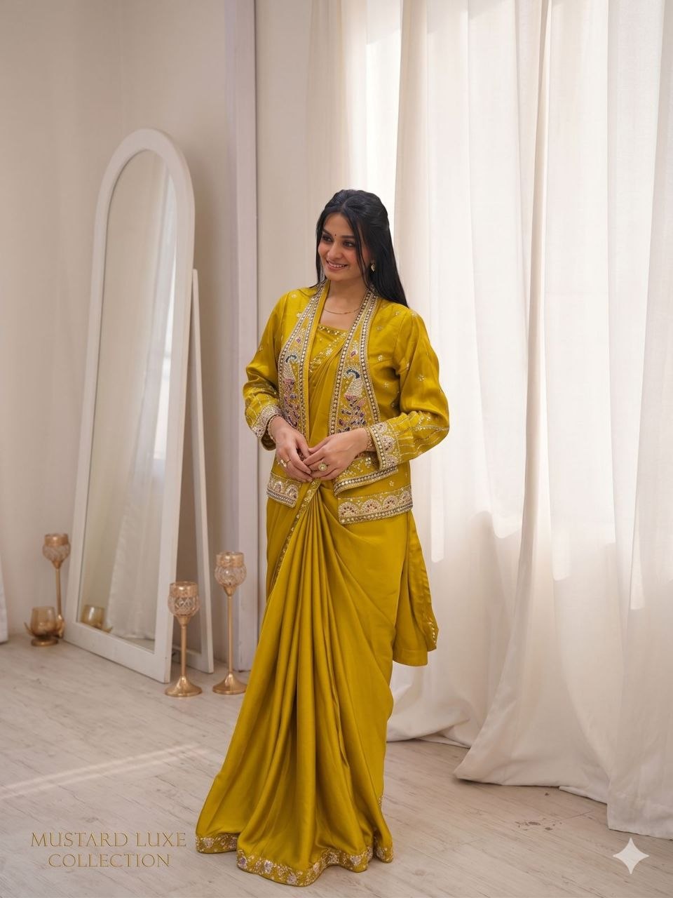 Designer Crepe Satin Saree with Embroidery Work & Stylish Koti Set