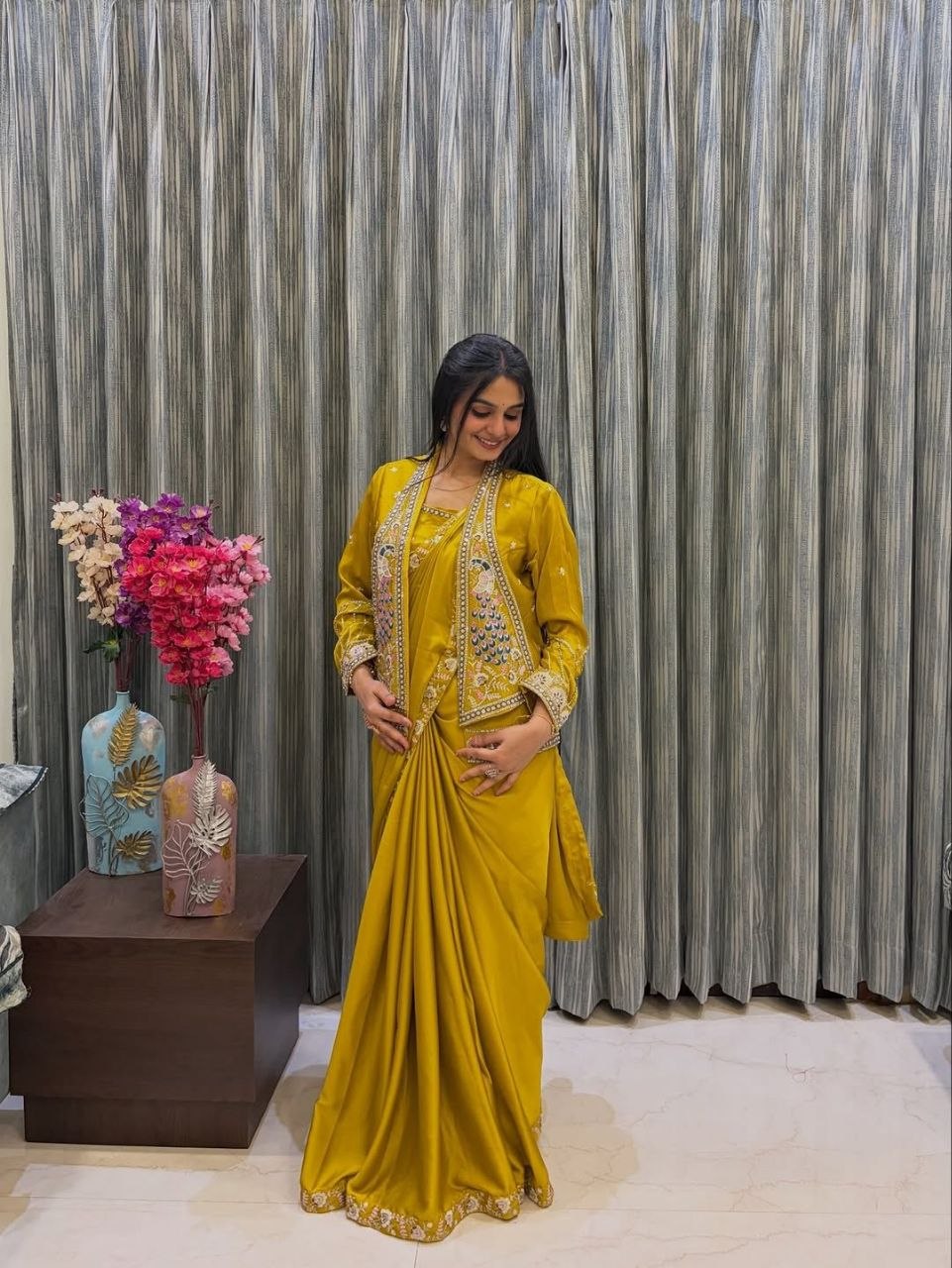 Designer Crepe Satin Saree with Embroidery Work & Stylish Koti Set