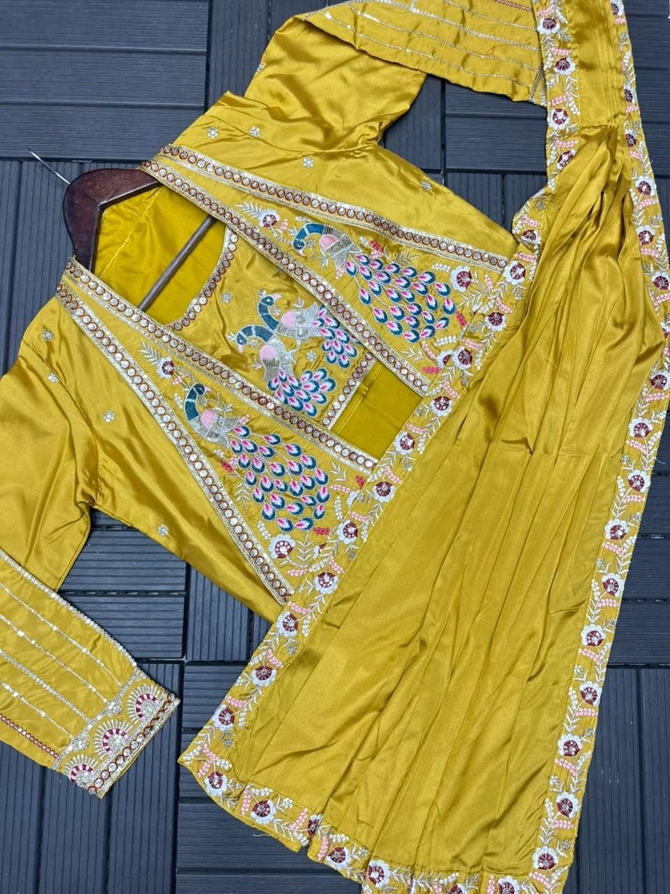 Designer Crepe Satin Saree with Embroidery Work & Stylish Koti Set