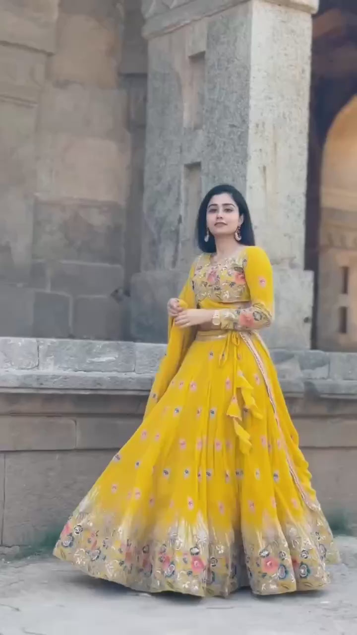 Elegant Fully Stitched Faux Georgette Lehenga Set with Embroidery & Dori Work