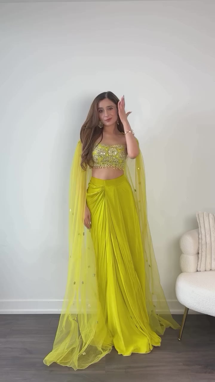 Citrus Green Draped Skirt & Embroidered Blouse with Cape | Elegant Mirror Work