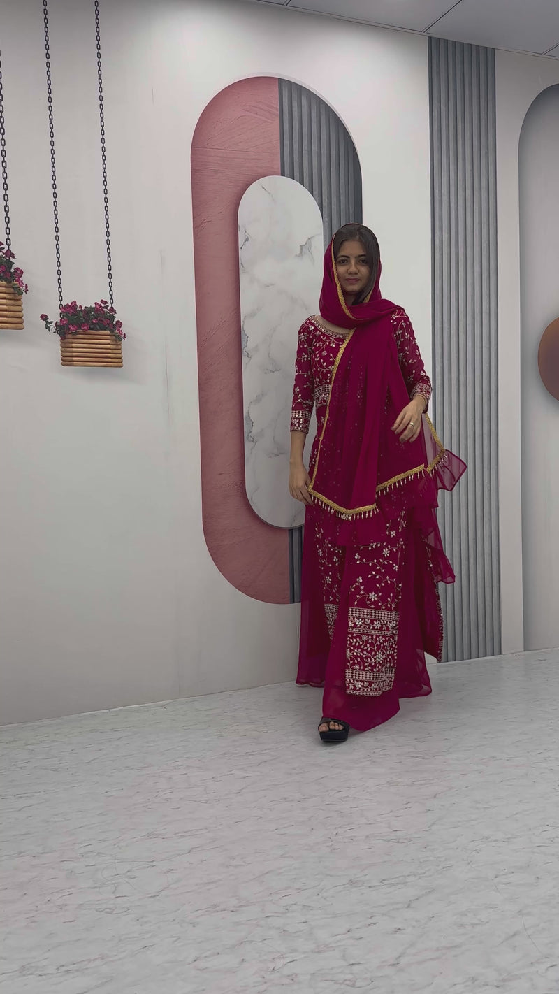 Maroon Embroidered Plazzo Top Set with Dupatta