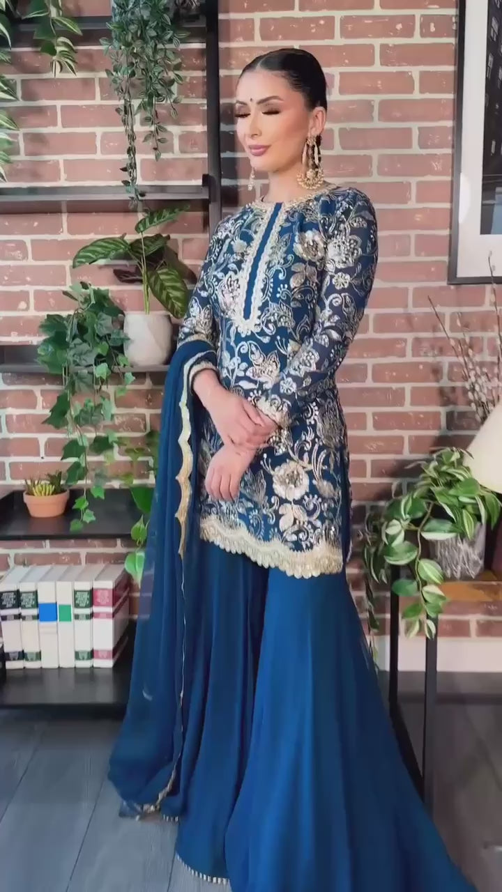 DESIGNER FAUX GEORGETTE TOP, SHARARA & DUPATTA SET